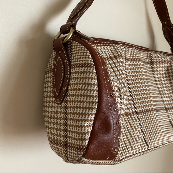 Lauren Ralph Lauren Houndstooth Barrel Shoulder Bag Brown Cream Y2K - Picture 4 of 5